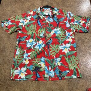 Vtg Paradise Found Hawaiian Shirt XL Red Parrot Magnum PI Tom Selleck Rayon